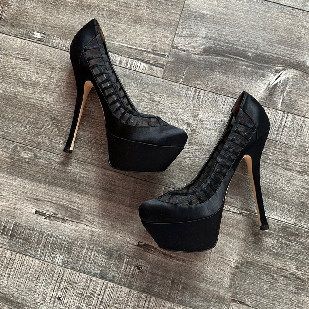 Bebe black satin mesh platform heels size 8